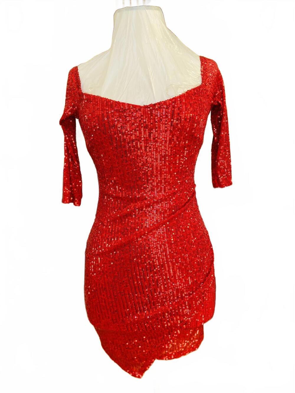 Crystal Doll Red Sequin Off-Shoulder Bodycon Dress with 3/4 Sleeves XS